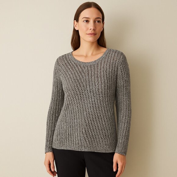 Eileen Fisher Gray Open Knit‎ Sweater L Lightweight Cotton Layer - Picture 1 of 9